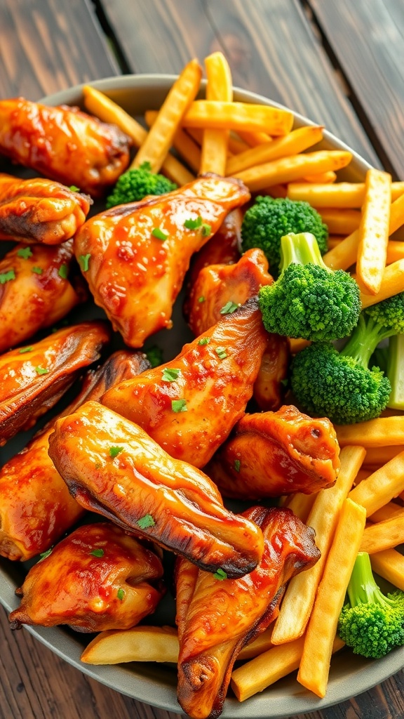 A platter of crispy air-fried chicken wings, fries, and vegetables with fresh herbs, on a wooden table.